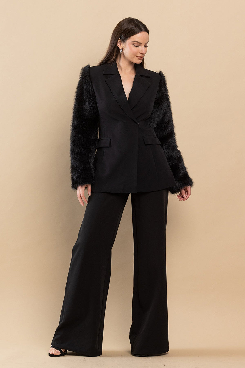 Faux Fur Sleeves Blazer Pant Set