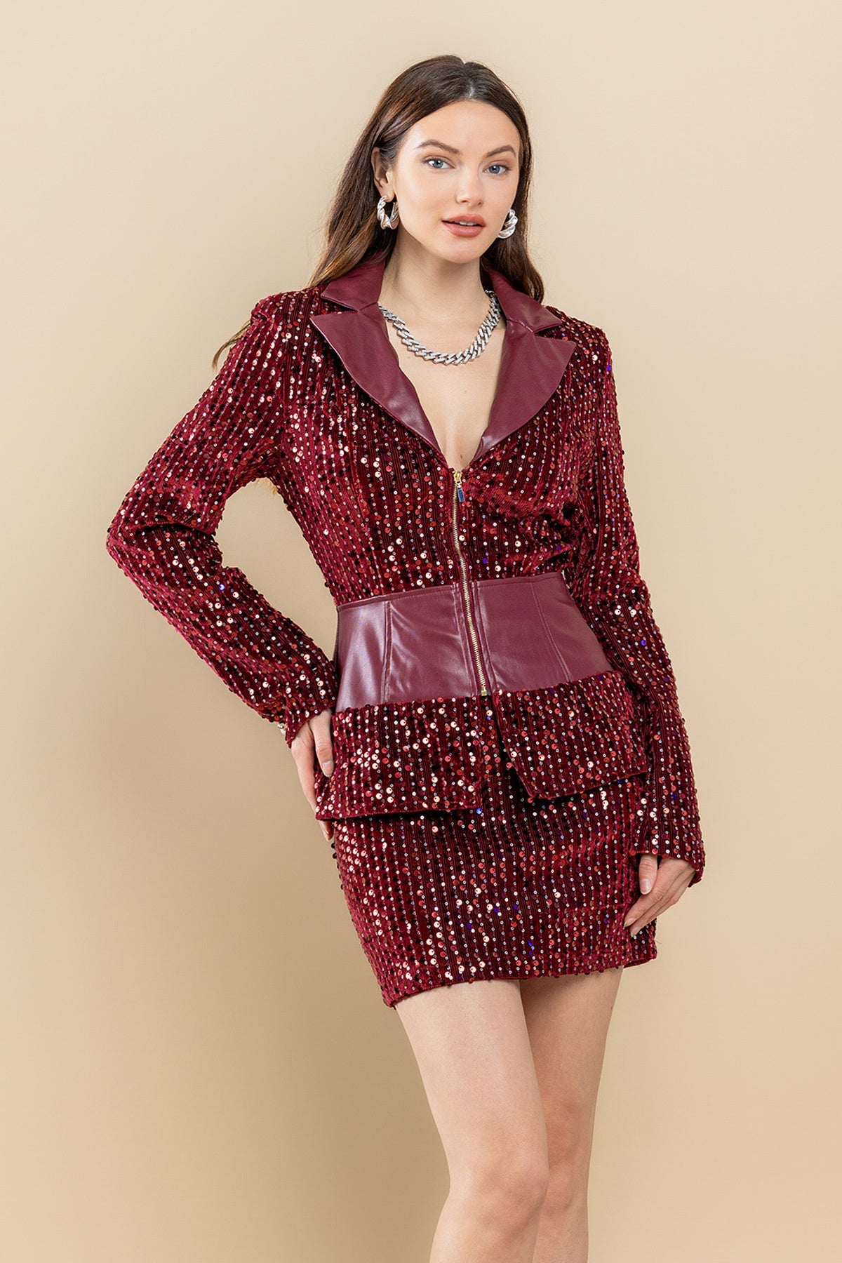 Sequin Zip Up Long Sleeve Jacket Shirt Set