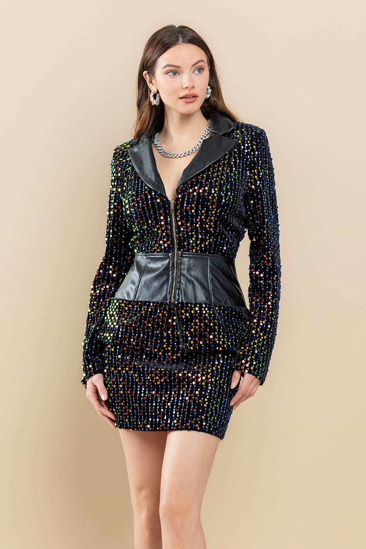 Sequin Zip Up Long Sleeve Jacket Shirt Set