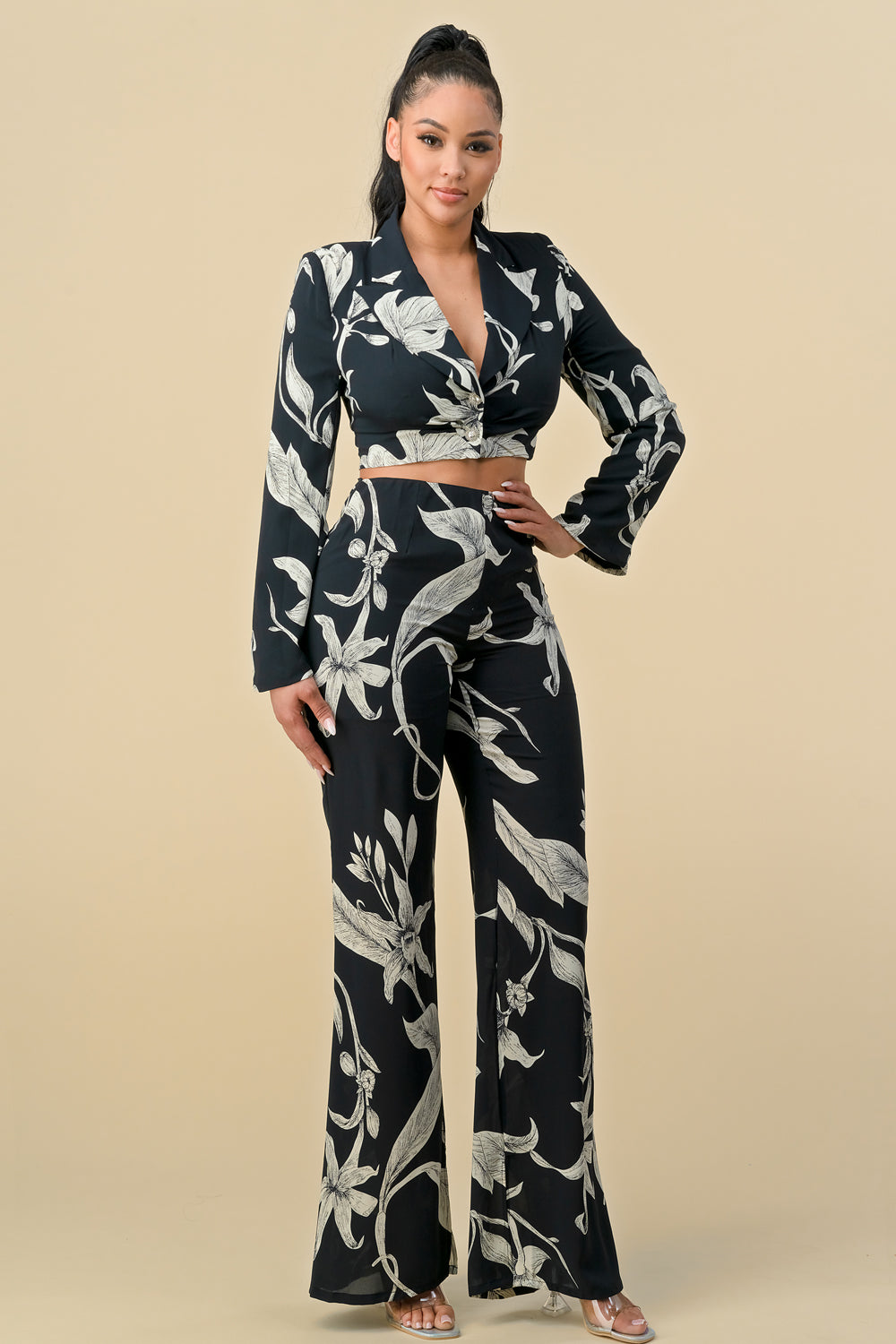 Long Sleeve Crop Blazer Print Pant Set
