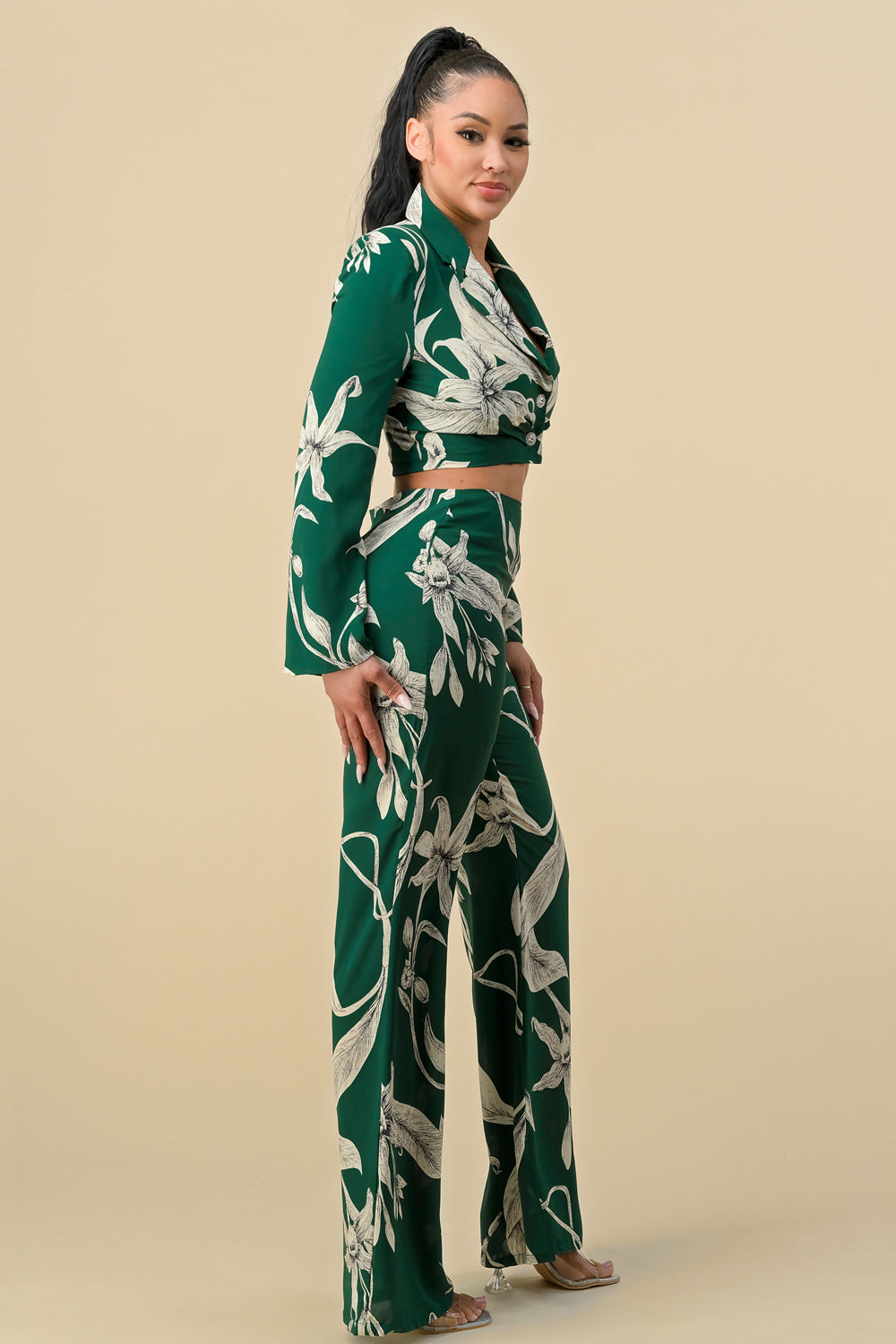 Long Sleeve Crop Blazer Print Pant Set
