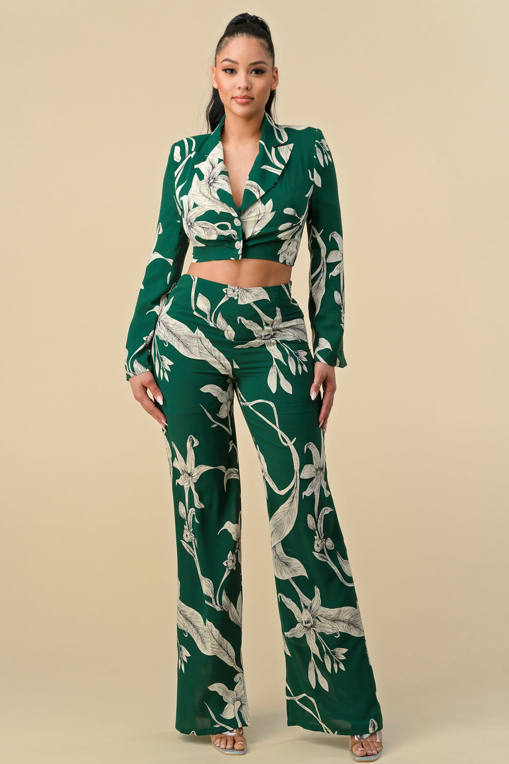 Long Sleeve Crop Blazer Print Pant Set