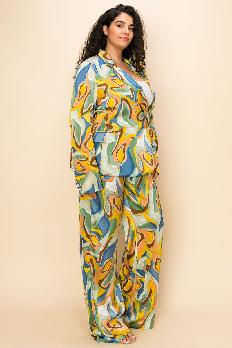 Plus Size One Button Printed Jacket Pant Set