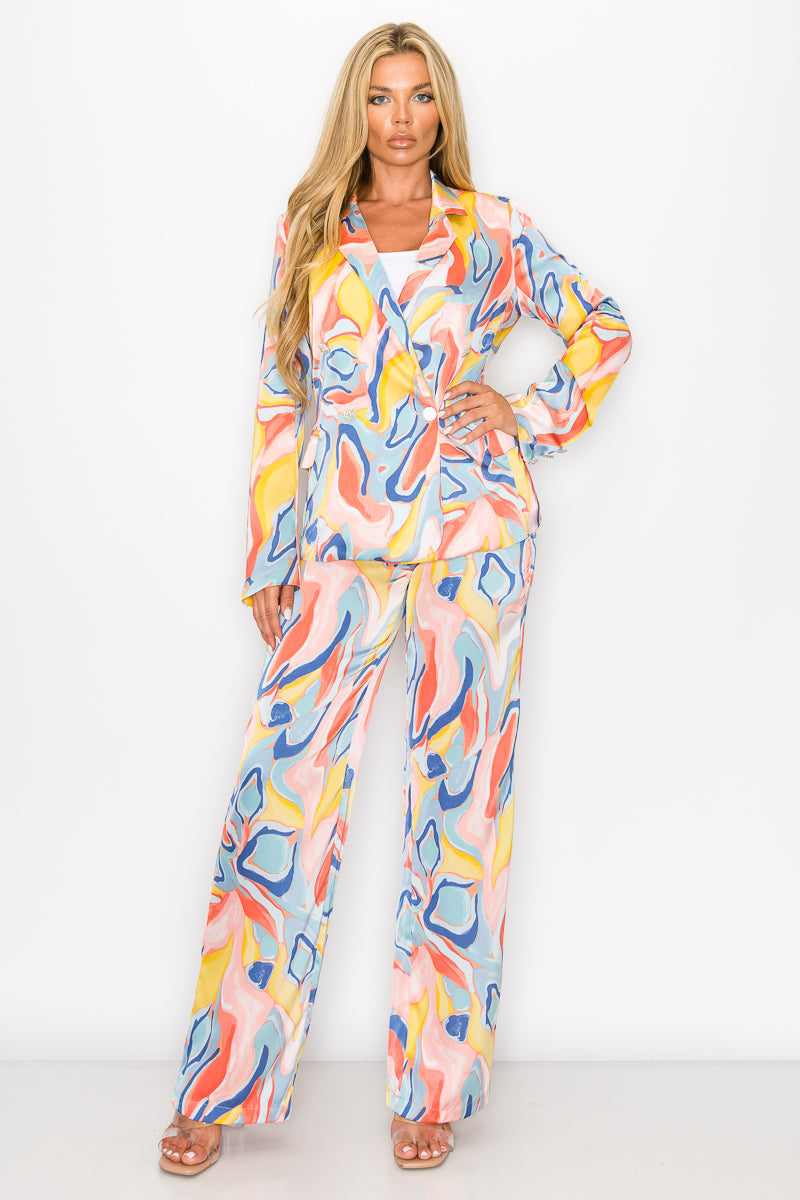 One Button Printed Blazer Pant Set