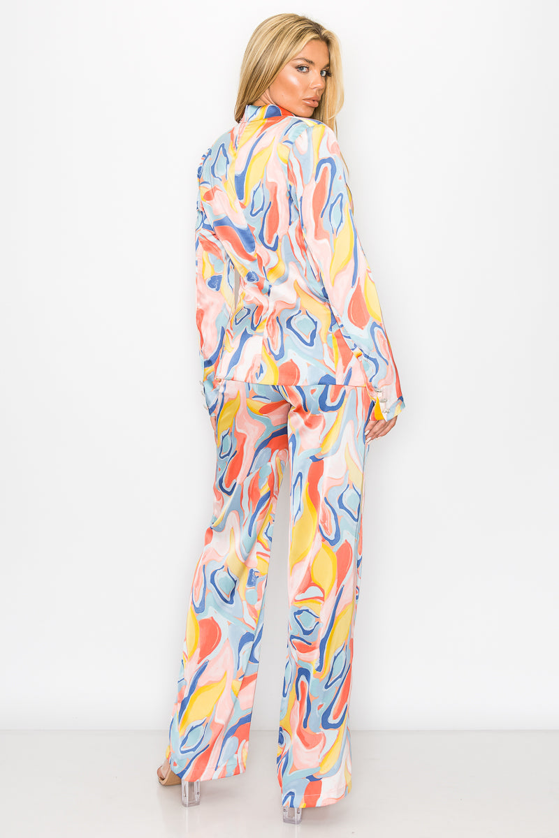 One Button Printed Blazer Pant Set