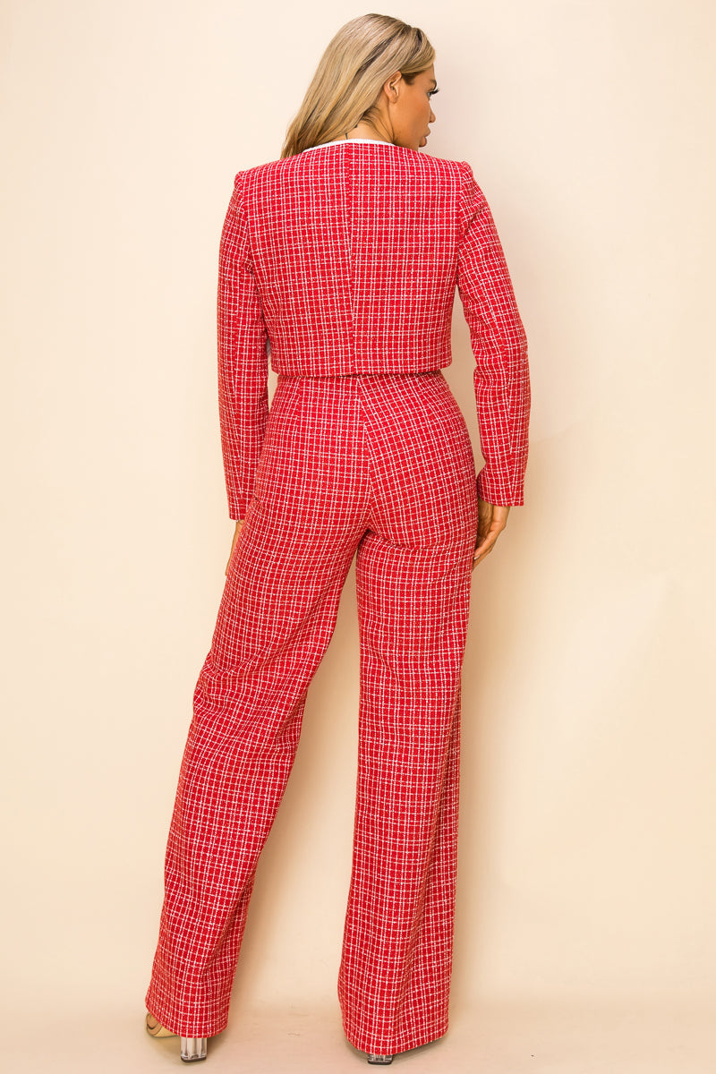 Long Sleeve Blazer Crop Shirt Pant 3 Piece Set