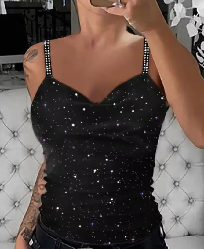 Sequin V-Neck Camisole â€?Rhinestone Strap Sparkly Top