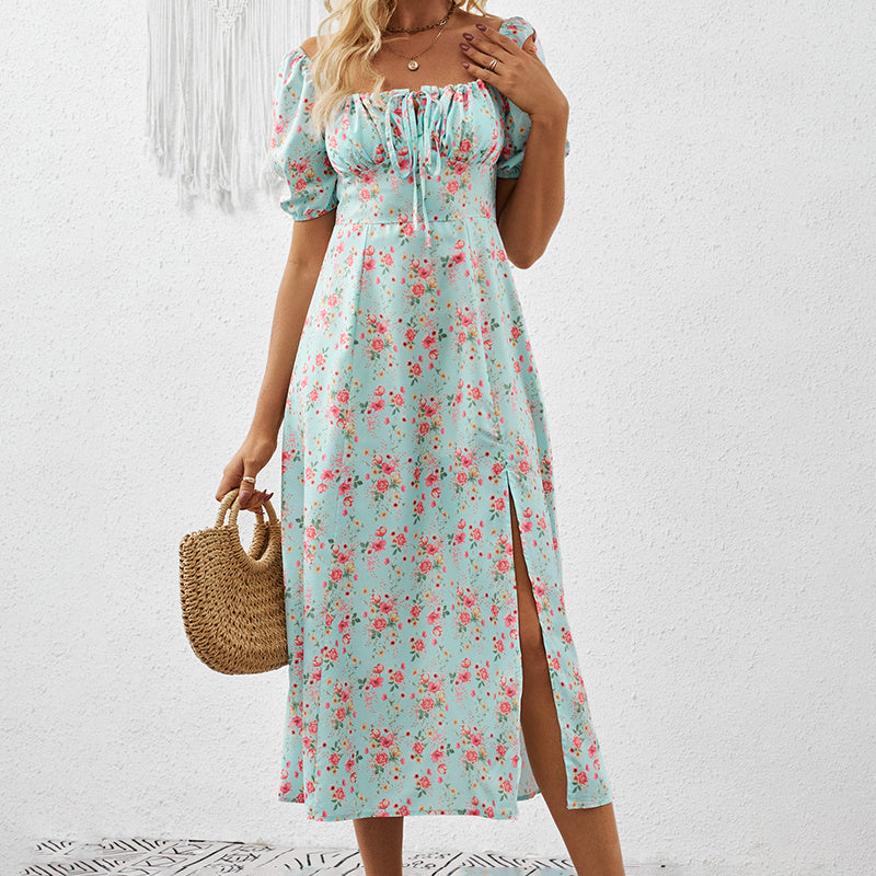 Square Neck Floral Print Dress With Puff Sleeves & Side Slit Maxi Dress