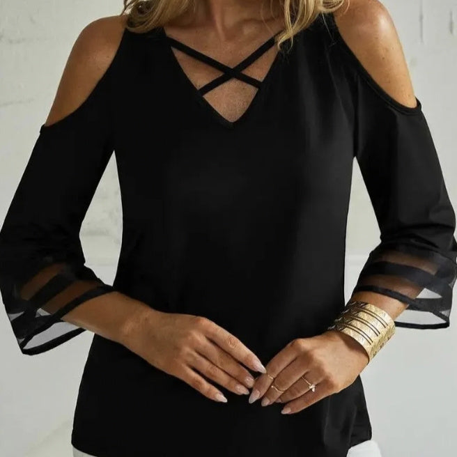 Women's Off-Shoulder Cross Collar Long Sleeve Top
