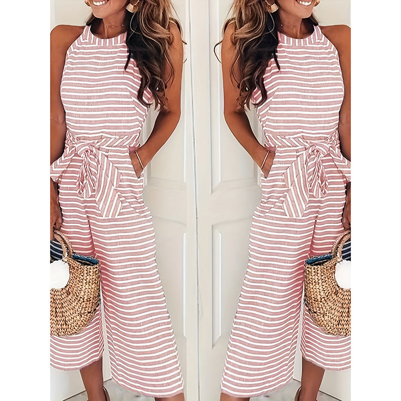 Casual Striped Jumpsuits Summer Cap Sleeve Wide Leg Jumper