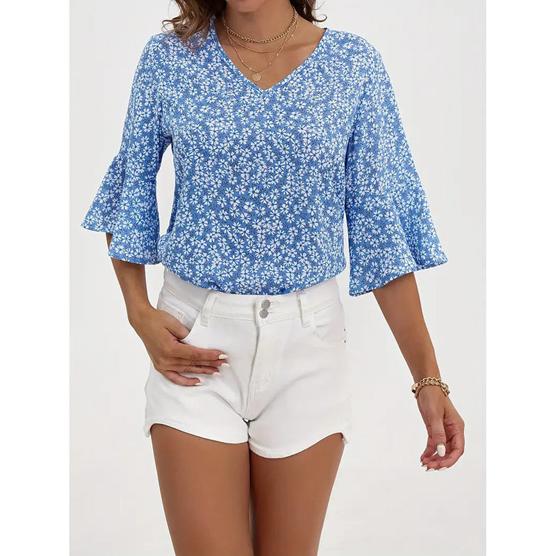 Womens Summer Floral Print Blouses V-Neck Flare Sleeve Tops