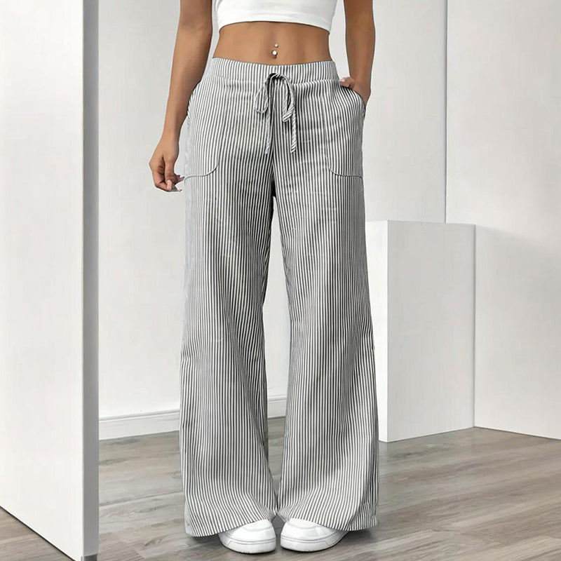 Women's Striped Print Straight Wide Leg Pockets Pants Casual Long Pants