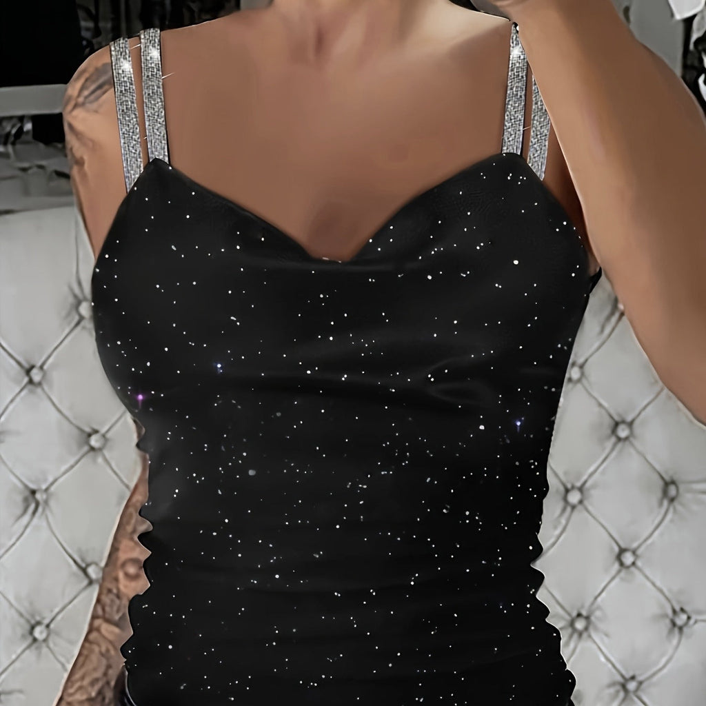 Sequin V-Neck Camisole â€?Rhinestone Strap Sparkly Top