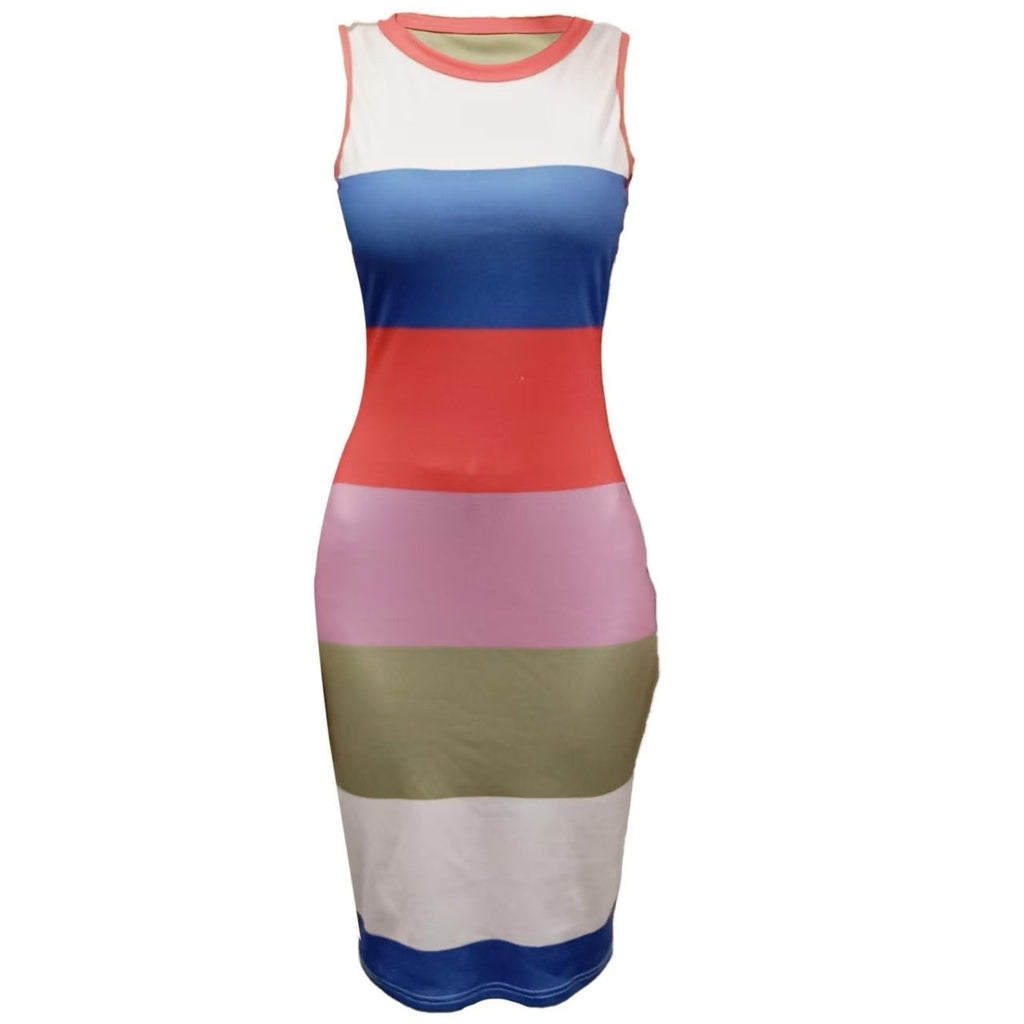 Women's Color-Blocked Striped Sleeveless Bodycon Dress