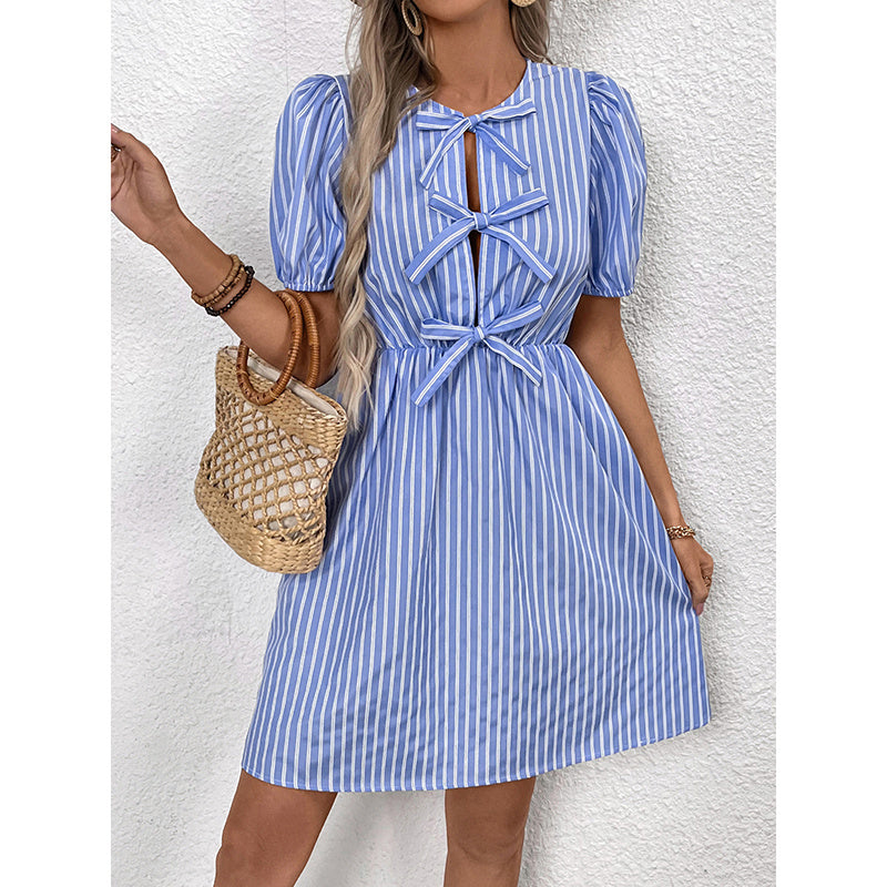 Women's Striped Tie-Front Puff Sleeve Mini Dress