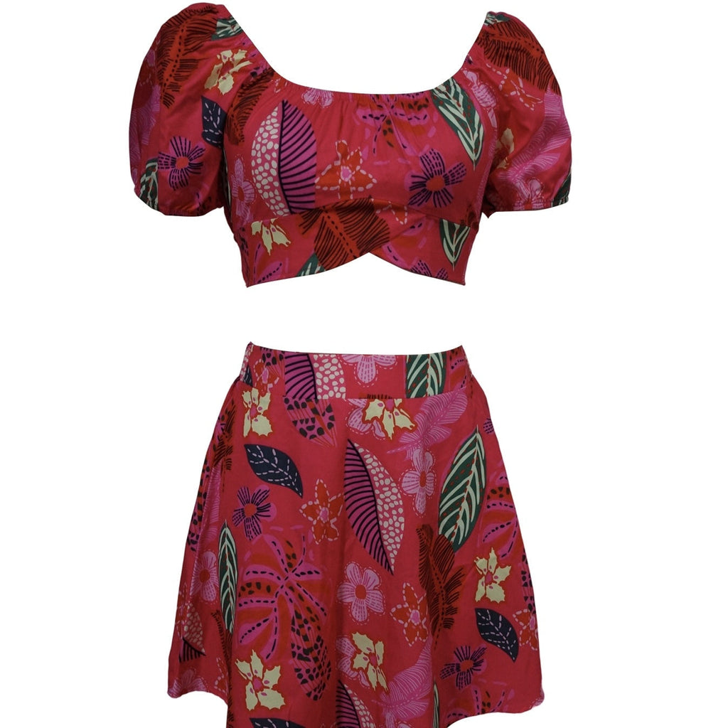 Flower Print Bubble Sleeves With Exposed Navel Short Top, Pleated Short Skirt Set