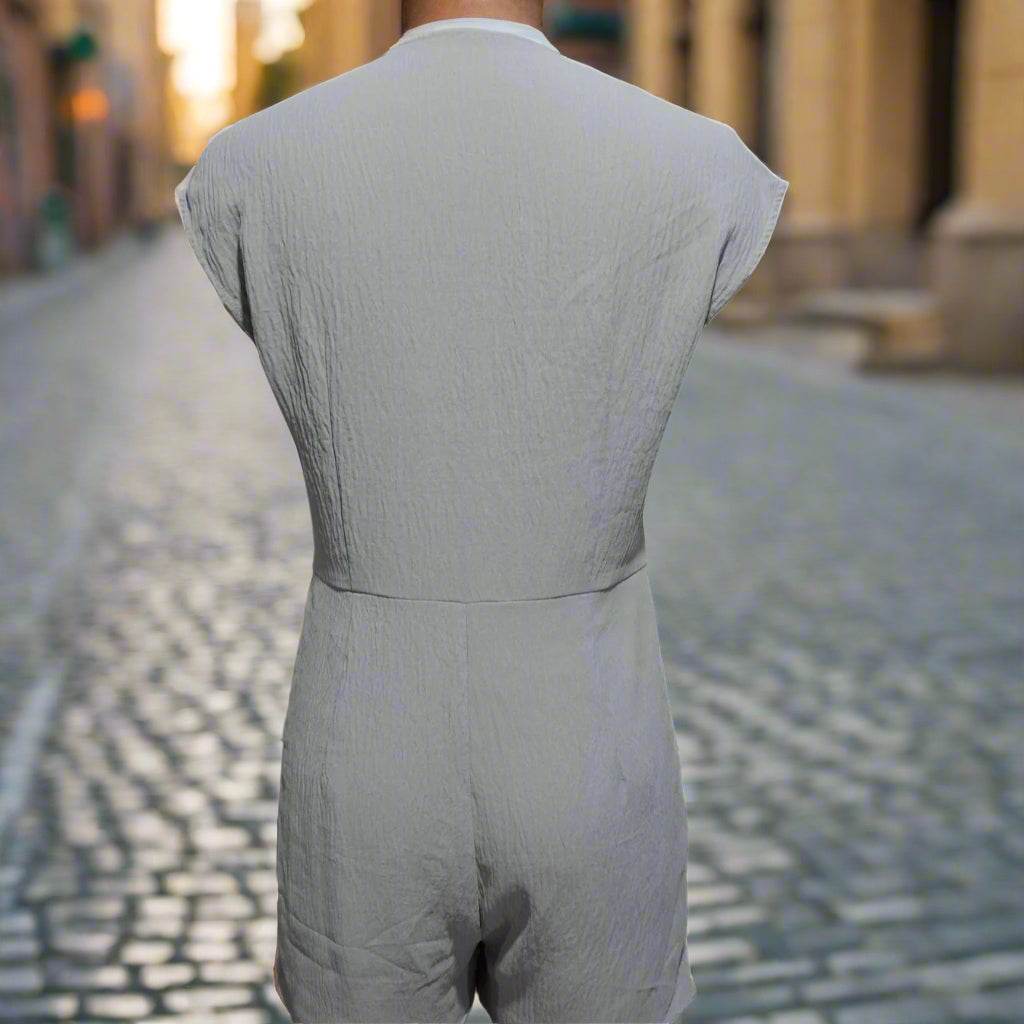 Women's Short Button Front Jumpsuit â€?V-Neck Patchwork Romper