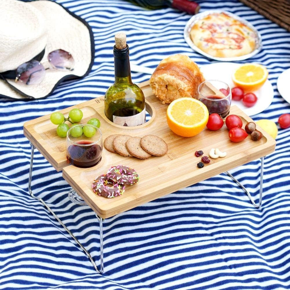 Folding Bamboo Wine Picnic Table with Bottle Opener â€?Portable Cheese & Snack Tray with Wine Glass Holders