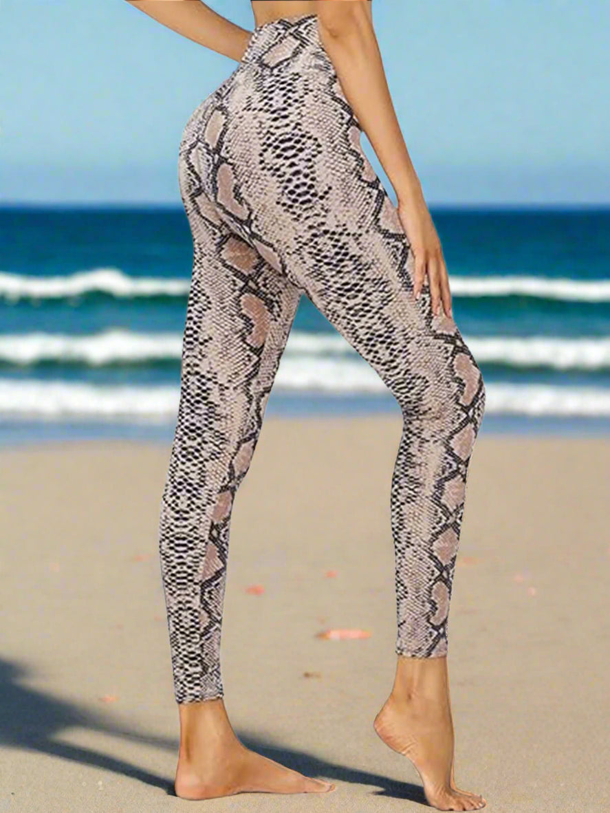 Cropped High-Waisted Leggings â€?Brown Snake Print Workout Pants