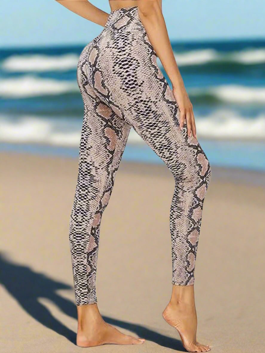 Cropped High-Waisted Leggings â€?Brown Snake Print Workout Pants