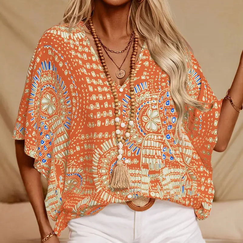 Mandala Print V-Neck Blouse â€?Casual Vacation Top