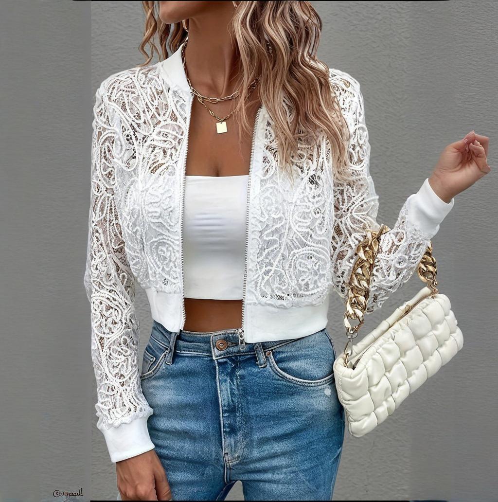 Women's Elegant Lace Short Zip-Up Long Sleeve Jacket Spring Fall Top