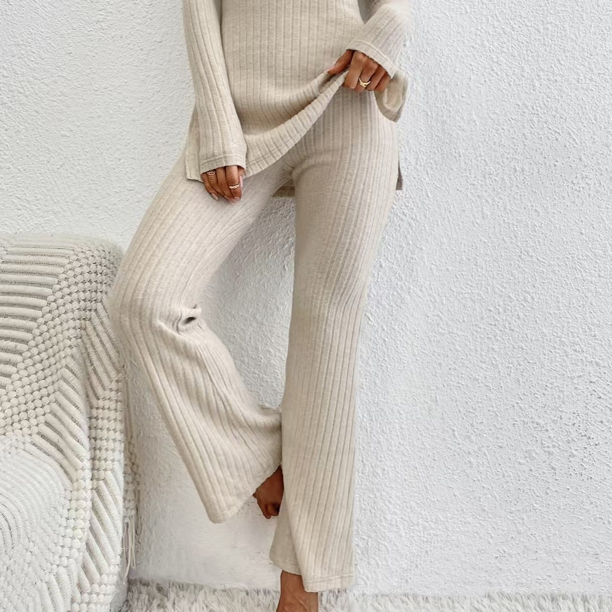 Women's Ribbed V‑Neck Top & Pants Set