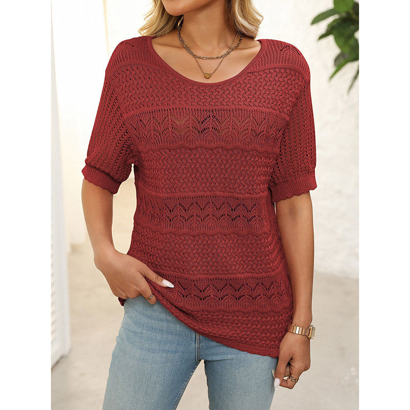 Women's Short Sleeve Crochet Knit Hollow-Out Top