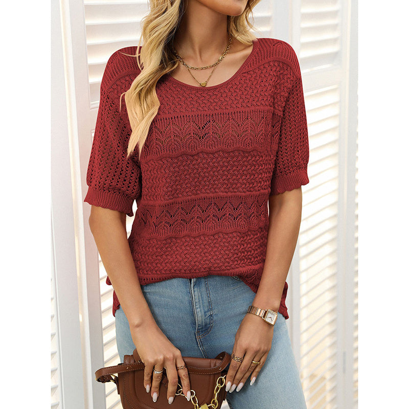 Women's Short Sleeve Crochet Knit Hollow-Out Top