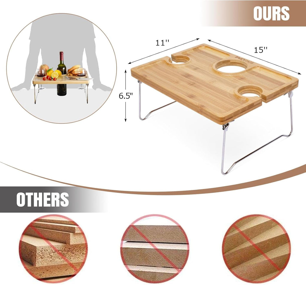 Folding Bamboo Wine Picnic Table with Bottle Opener â€?Portable Cheese & Snack Tray with Wine Glass Holders