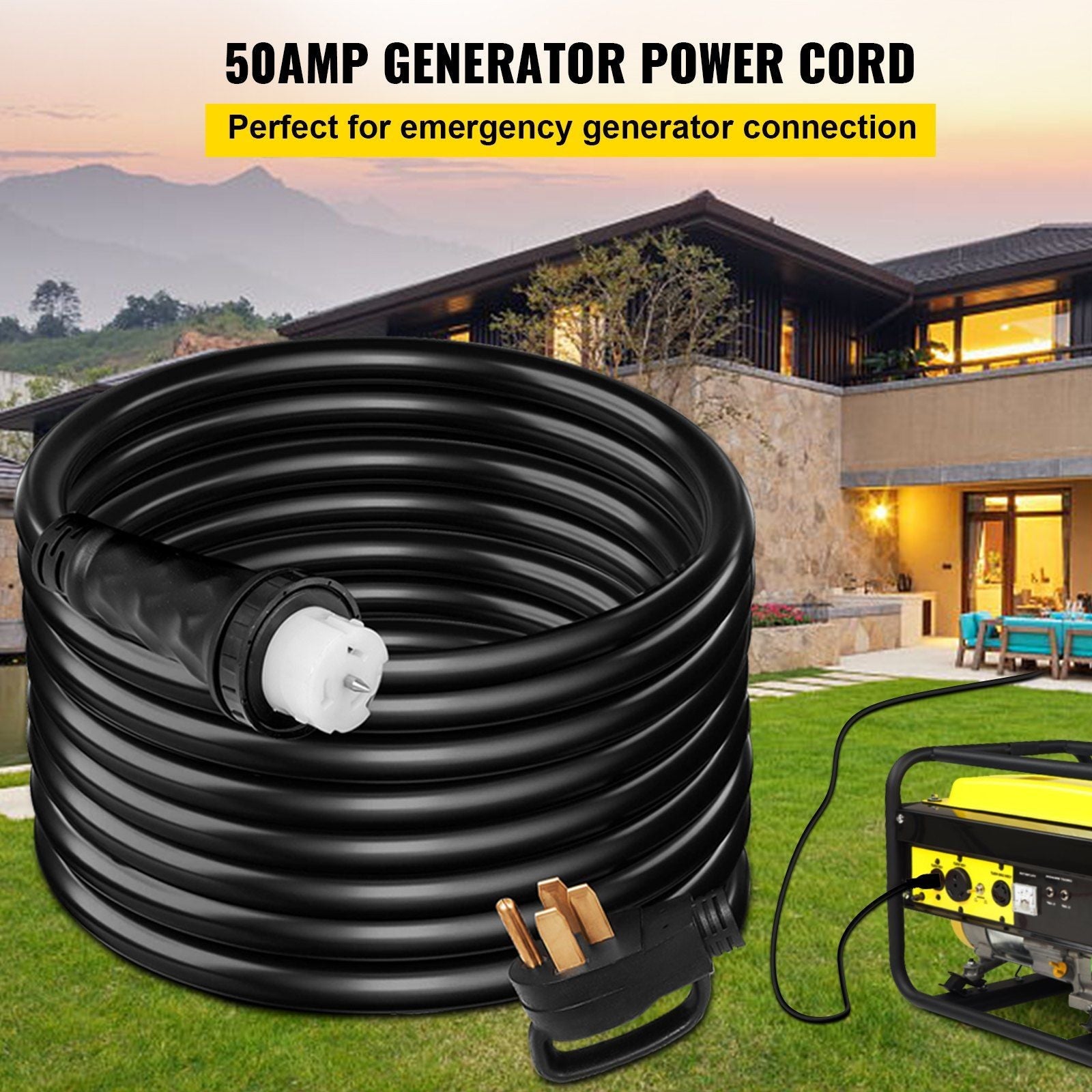 VEVOR 20Ft 50 Amp Generator Extension Cord STW 6/3 + 8/1 Generator Cord 125V 250V Generator Power Cord N14-50P & SS2-50R & CS6364 Twist Lock Connectors