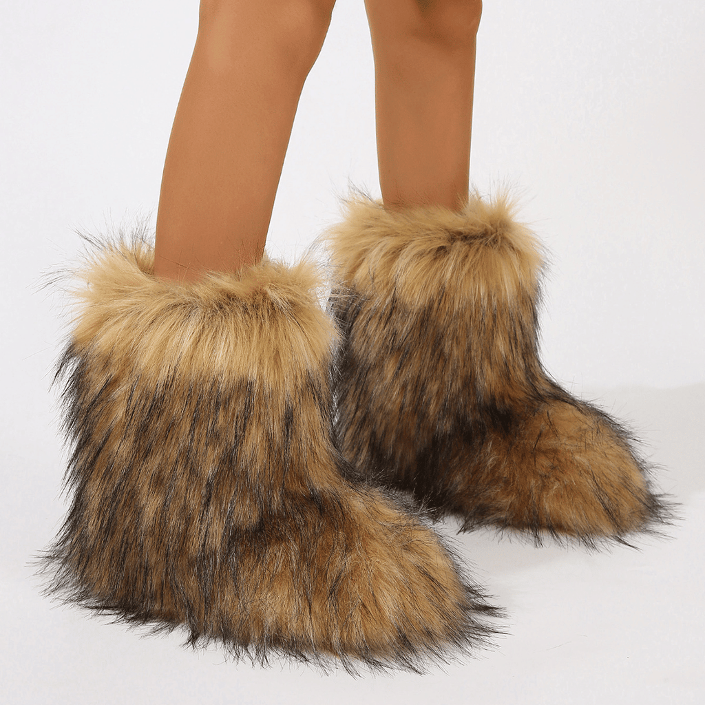 Women's Faux Fur Boot Furry Fluffy Round Toe Suede Winter Comfy Plush Warm Short Outdoor Indoor Flat Shoes Mid-Calf Boots