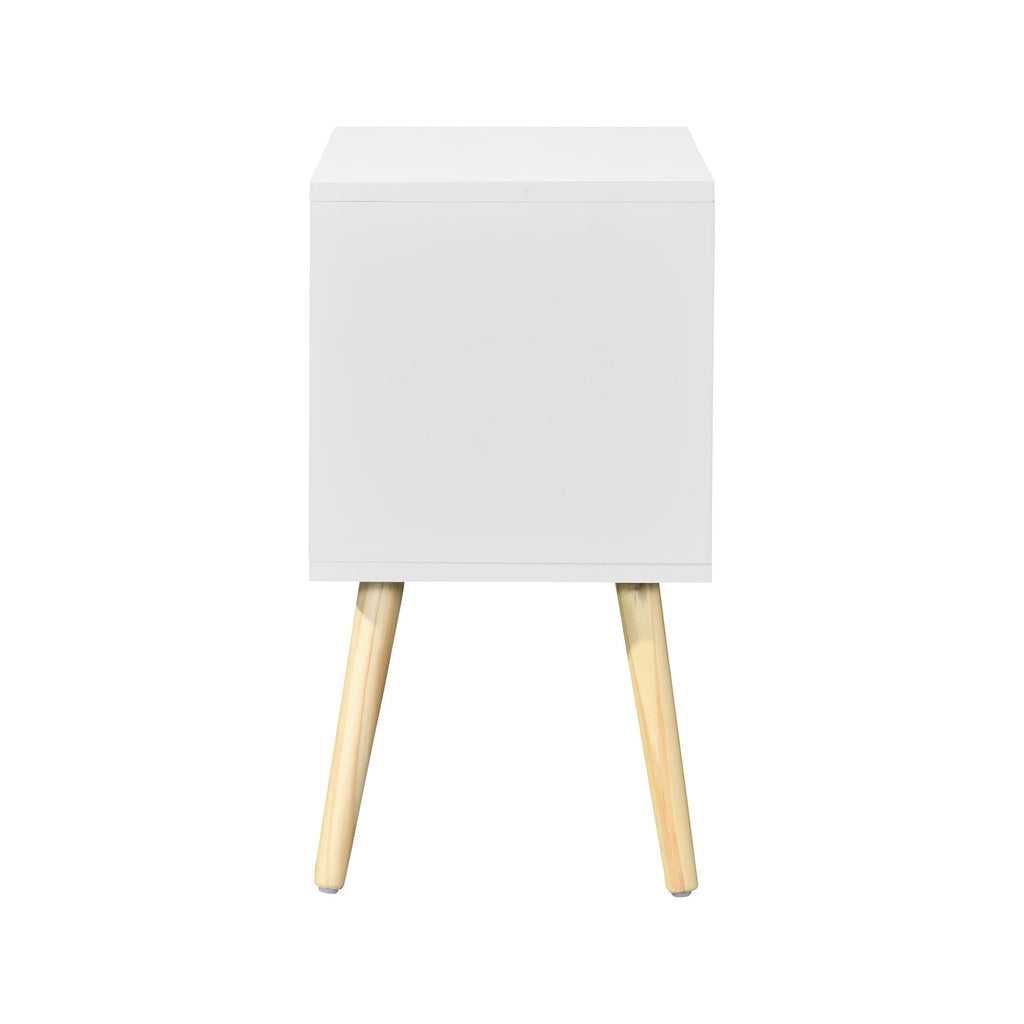 Side Table with 2 Drawer and Rubber Wood Legs;  Mid-Century Modern Storage Cabinet for Bedroom Living Room Furniture;  White