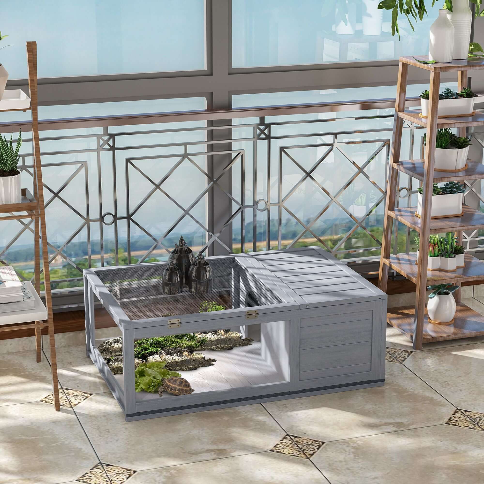 PawHut Wooden Tortoise House Indoor Turtle Habitat Enclosure Outdoor Reptile Cage Gray