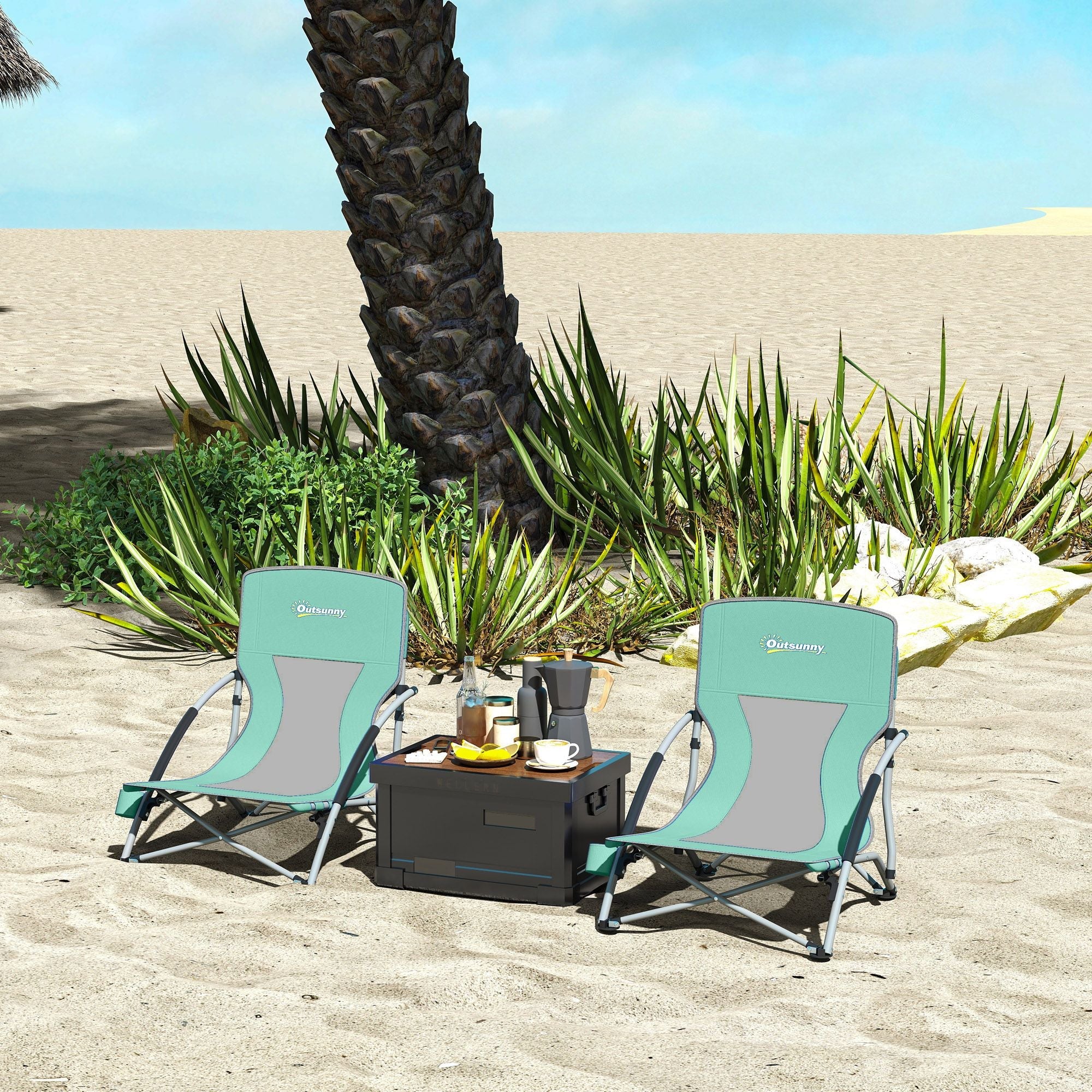 Set of 2 Folding Beach Chairs with Mesh Back, Carry Bag and Cup Holder for Outdoor Camping Lawn Sports Picnic Turquoise