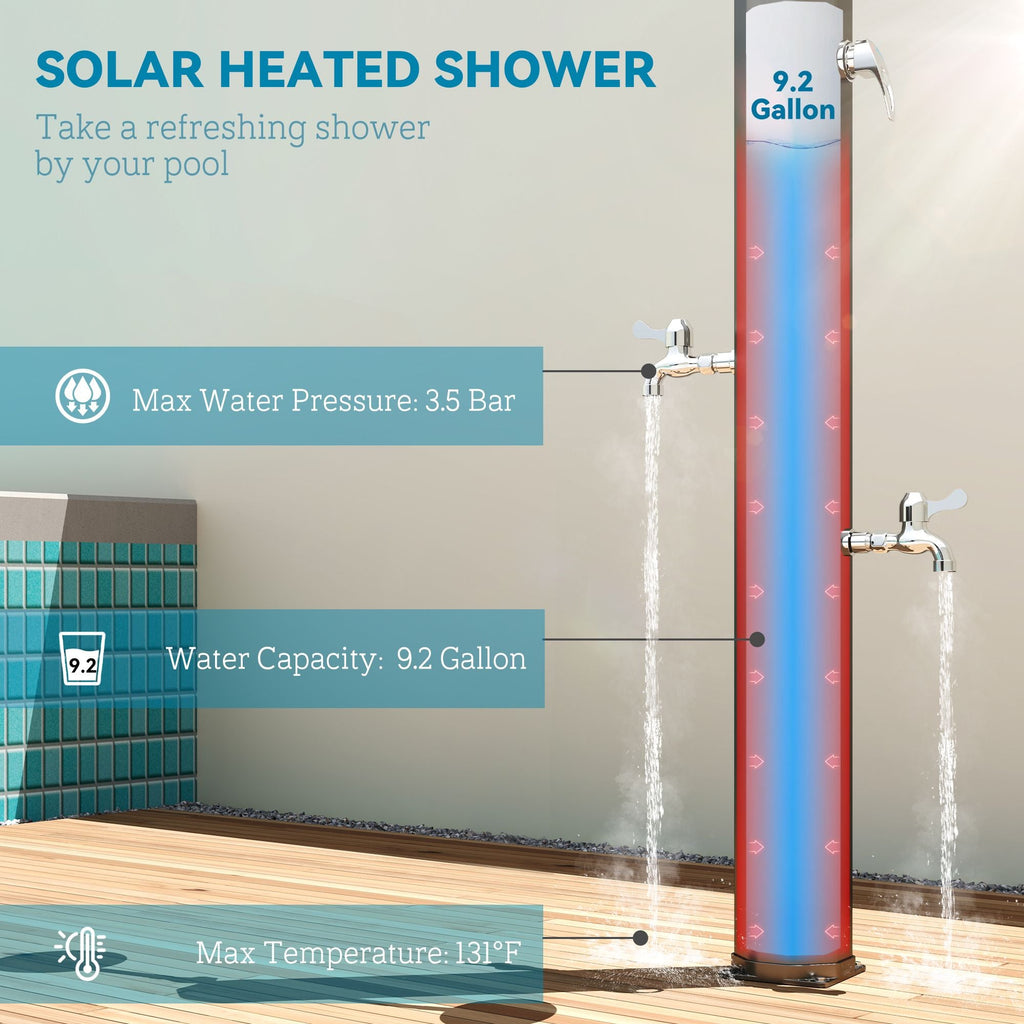 9.2 Gallon Slolar Heated Outdoor Shower with 2 Free-Rotating Shower Heads & Foot Showers for Poolside Beach Spa, 7.1ft