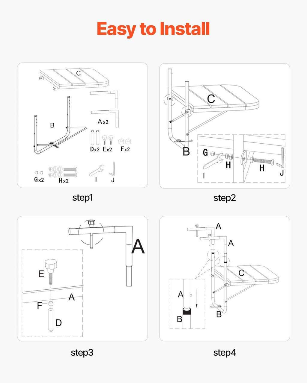 Balcony Hanging Table 25 x 24 in Outdoor Patio Railing Bar Table Adjusable