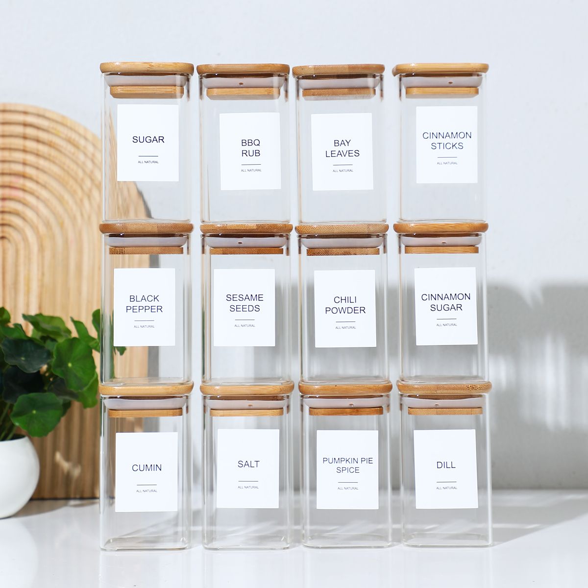 High Borosilicate Glass Spice Jar with Label and Bamboo Lid (24 x 8 Ounces), Spice Container with 72 Printed Labels and 20 Handwritten Labels, Empty Square Seasoning