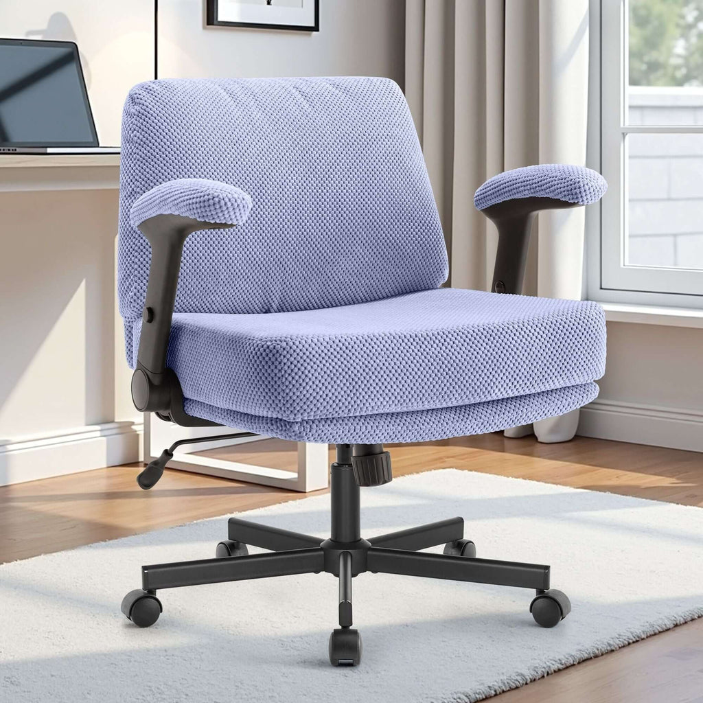 Criss Cross Chair with Wheels and Flip Arms- Comfy Fabric Cross Legged Office Chair with Thick Cushion&Wide Seat, Adjustable Swivel Desk Chair for Home Office, Apartment, Bedroom