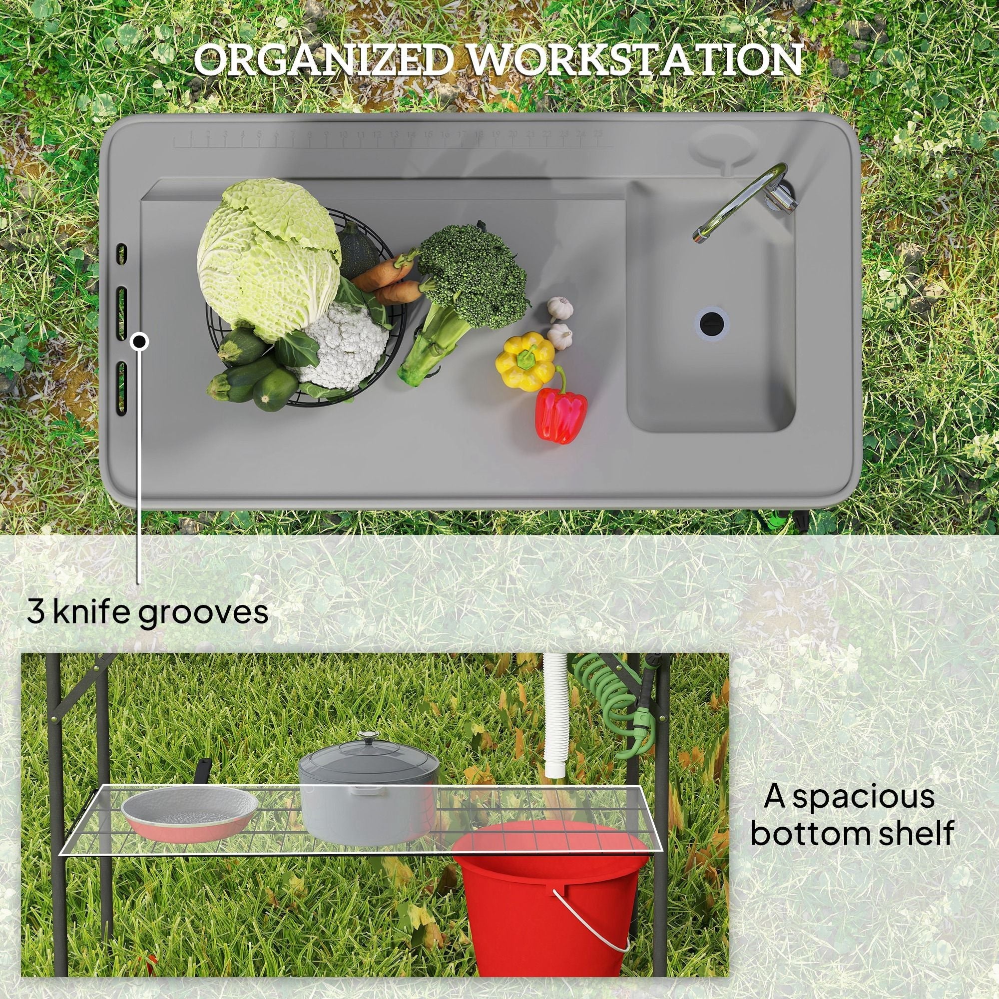 Folding Fish Cleaning Table with Sink, Portable Camping Table with Faucet, Drainage Hose, Sprayer and Shelf, Gray