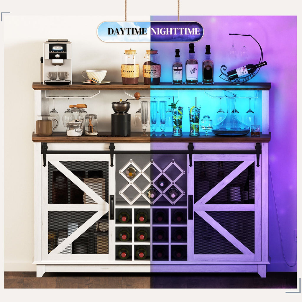 HOMCOM 55" Coffee Bar Cabinet with Lights, Farmhouse Wine Cabinet with Wine and Glass Racks for Kitchen, Dining Room, White
