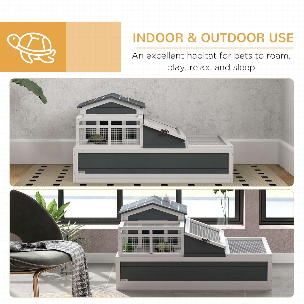 PawHut 3-Room Tortoise Habitat, Indoors & Outdoors Wooden Turtle Enclosure w/ Balcony & 2 Stories, 44" x 25.5" x 23", Gray