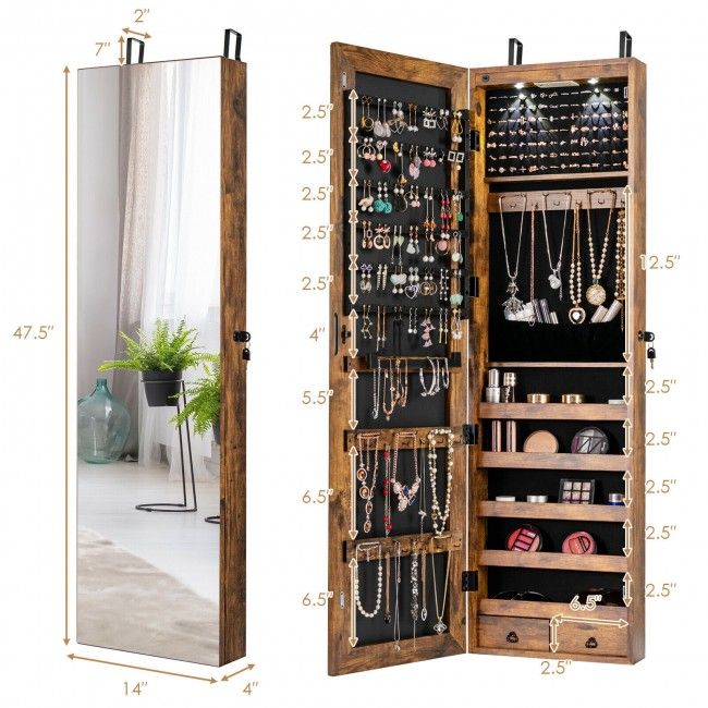 Wall and Door Mounted Mirrored Jewelry Cabinet with Lights