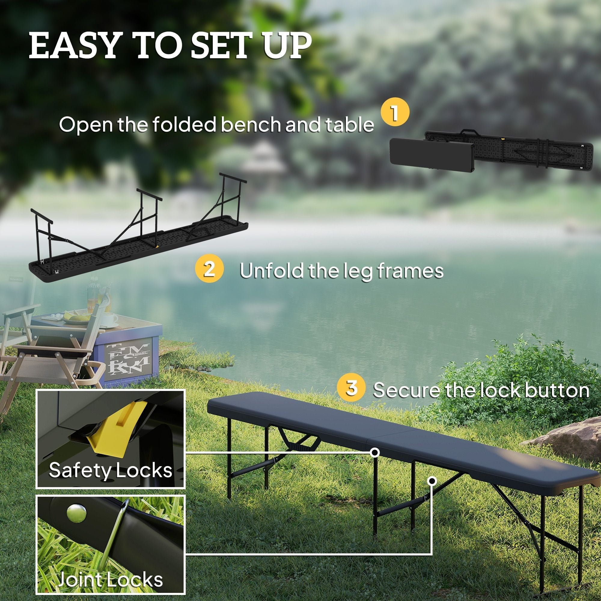 2 Pack 6 ft Portable Foldable Bench Seats, Plastic Folding Benches with Carrying Handle for Camping, Black