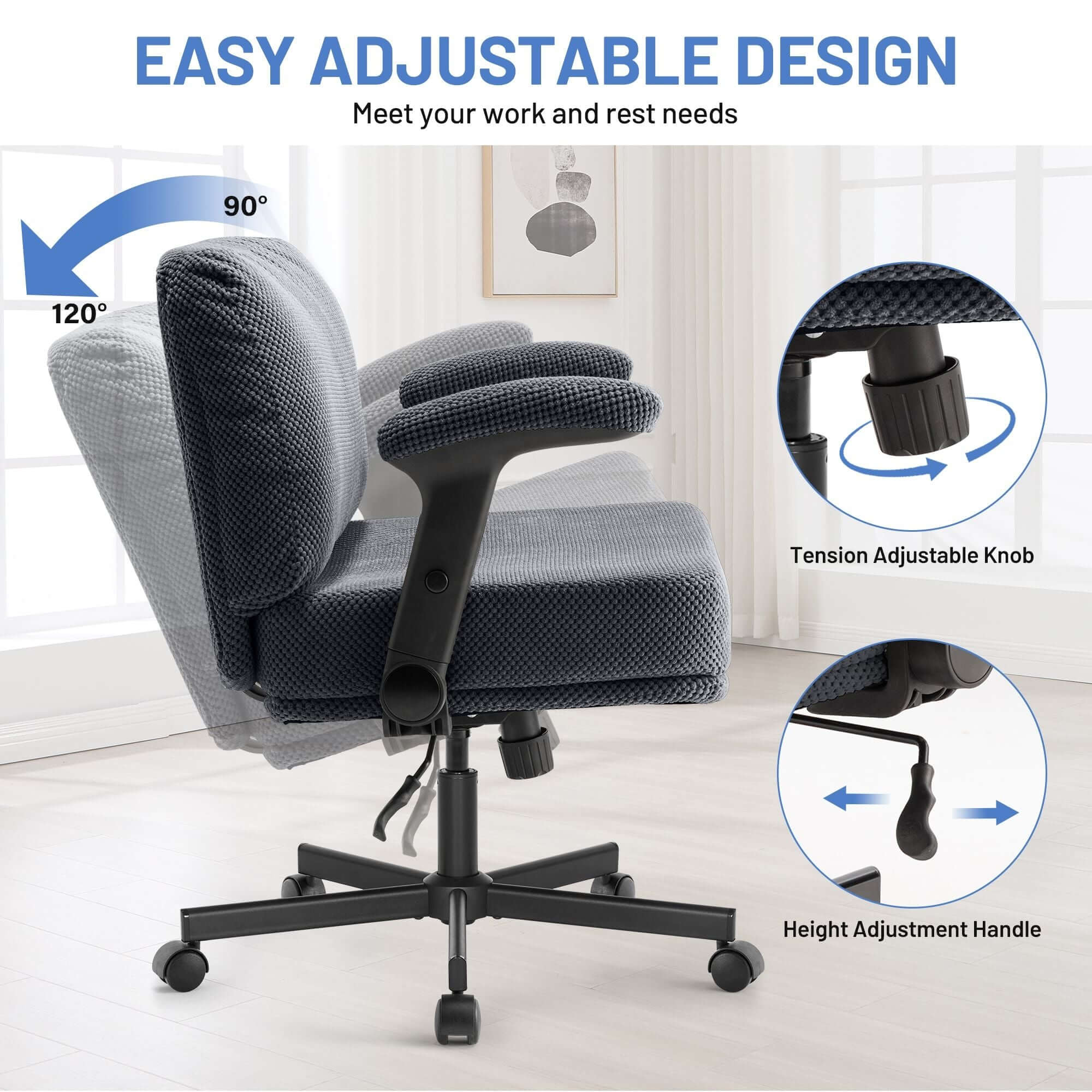Criss Cross Chair with Wheels and Flip Arms- Comfy Fabric Cross Legged Office Chair with Thick Cushion&Wide Seat, Adjustable Swivel Desk Chair for Home Office, Apartment, Bedroom