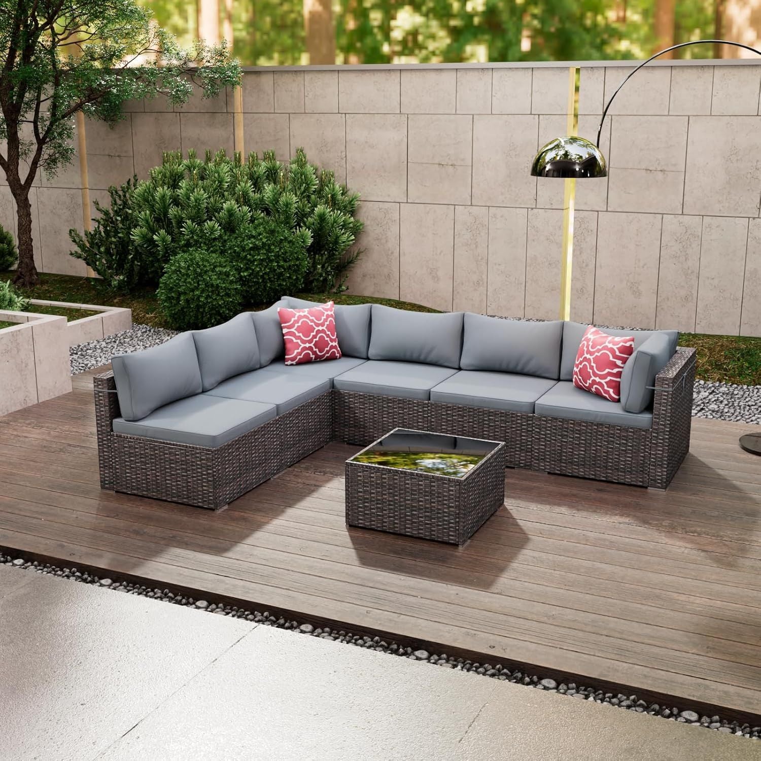 7 Pieces Outdoor Patio Furniture Set, Wicker Patio Conversation Sectional Sofa Set, All Weather PE Rattan Sofa with Glass Table and Cushions