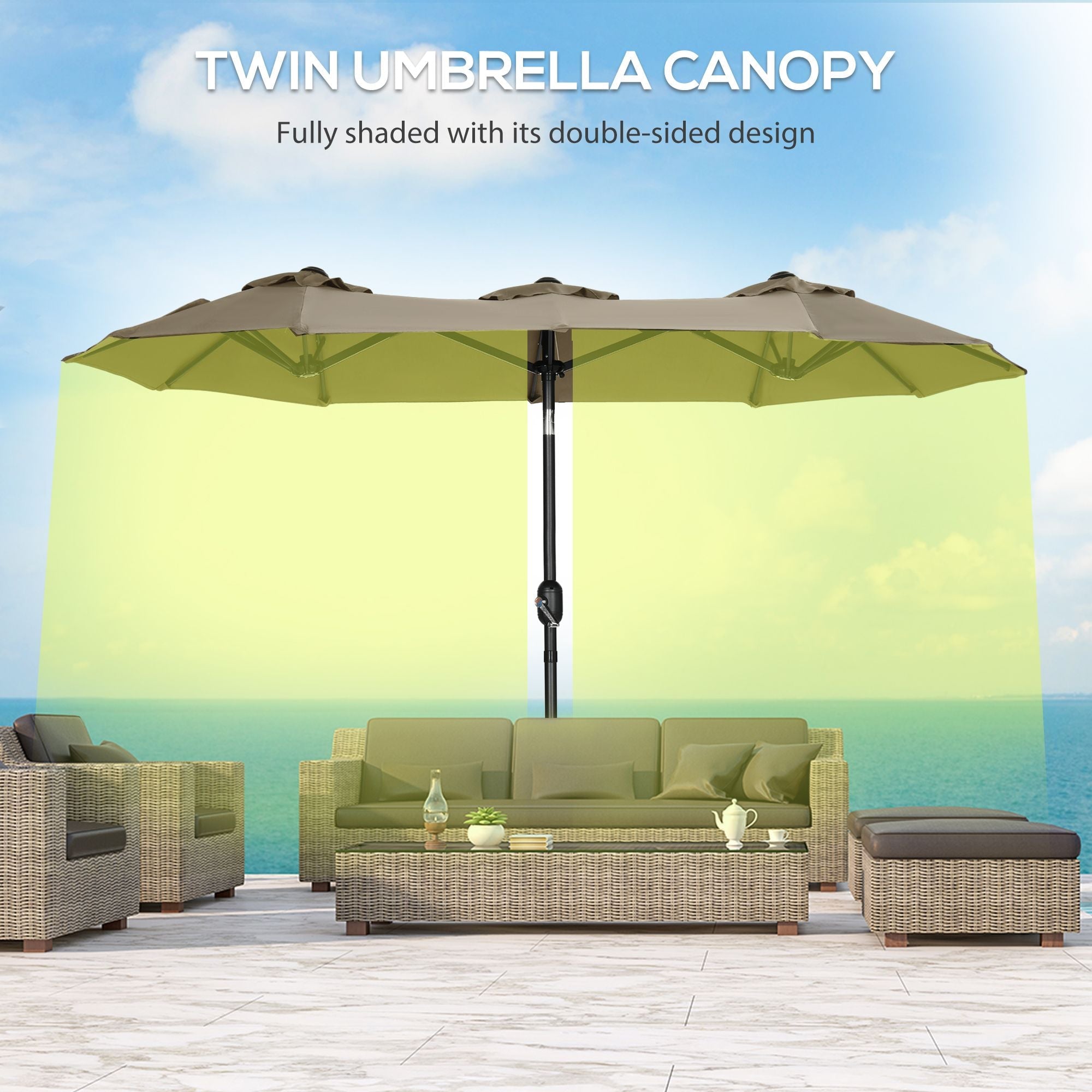Outsunny Double-sided Patio Umbrella 9.5' Large Outdoor Market Umbrella with Push Button Tilt and Crank, 3 Air Vents and 12 Ribs, for Garden, Deck, Pool, Gray