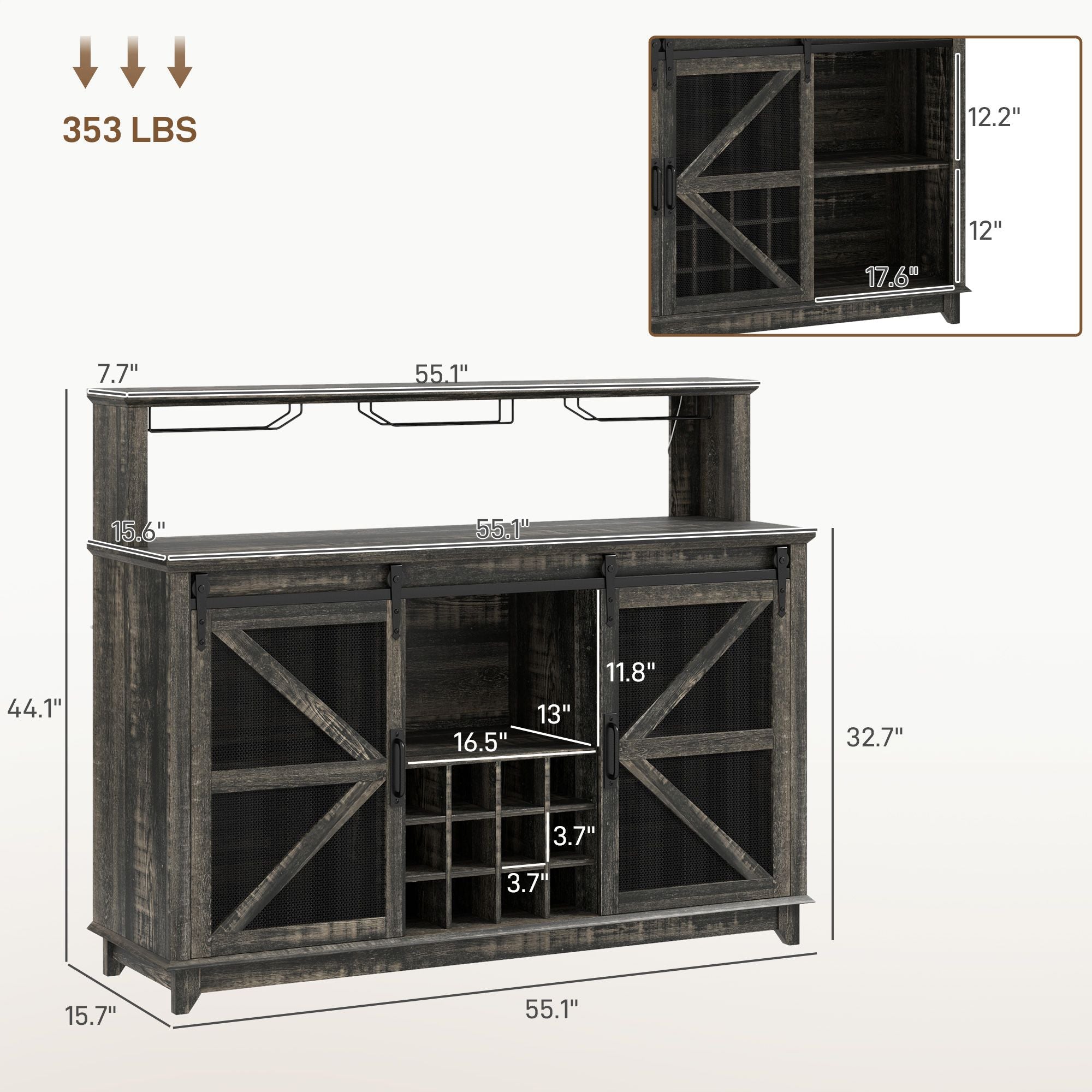HOMCOM 55" Coffee Bar Cabinet with Lights, Farmhouse Wine Cabinet with Wine and Glass Racks for Kitchen, Dining Room, Brown