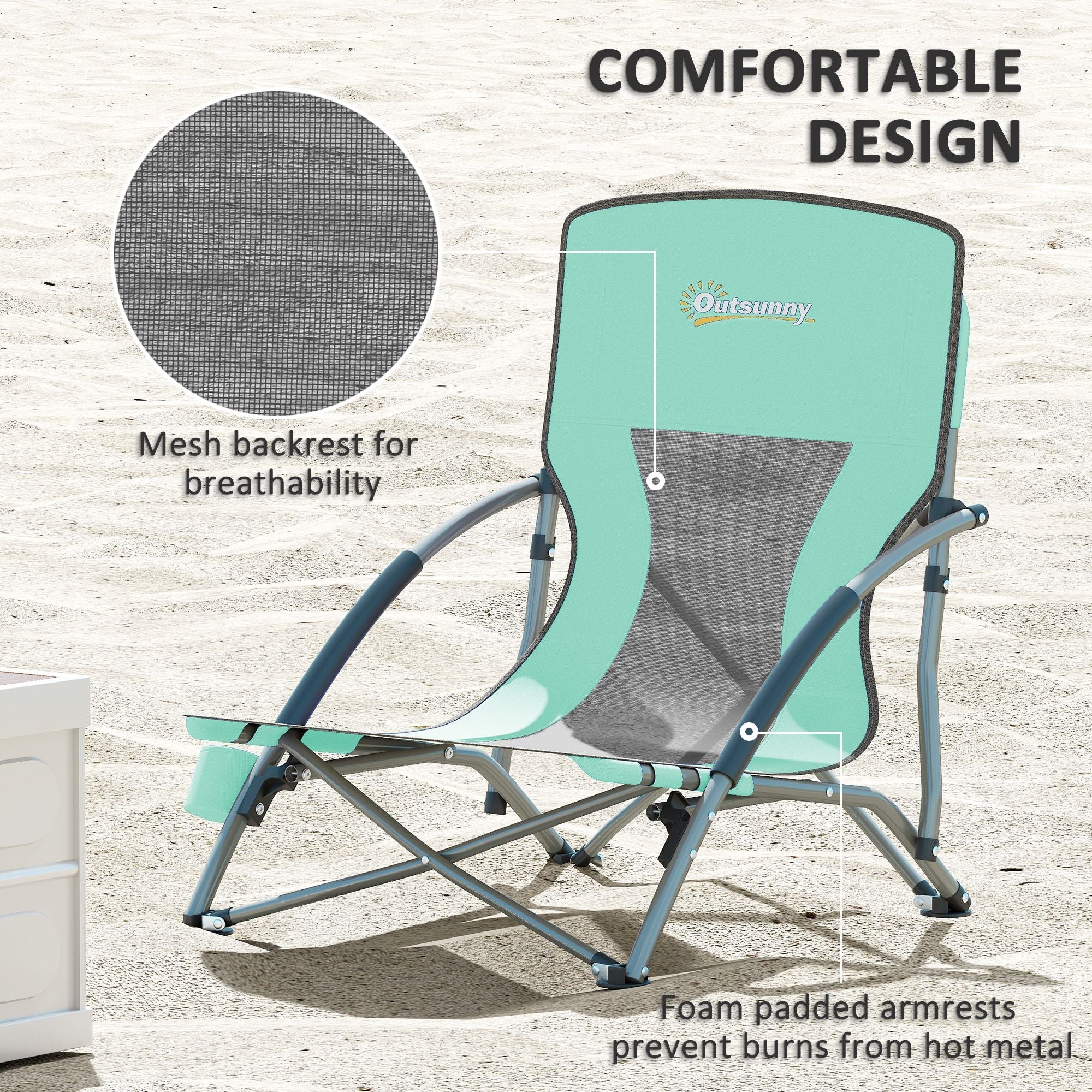 Set of 2 Folding Beach Chairs with Mesh Back, Carry Bag and Cup Holder for Outdoor Camping Lawn Sports Picnic Turquoise