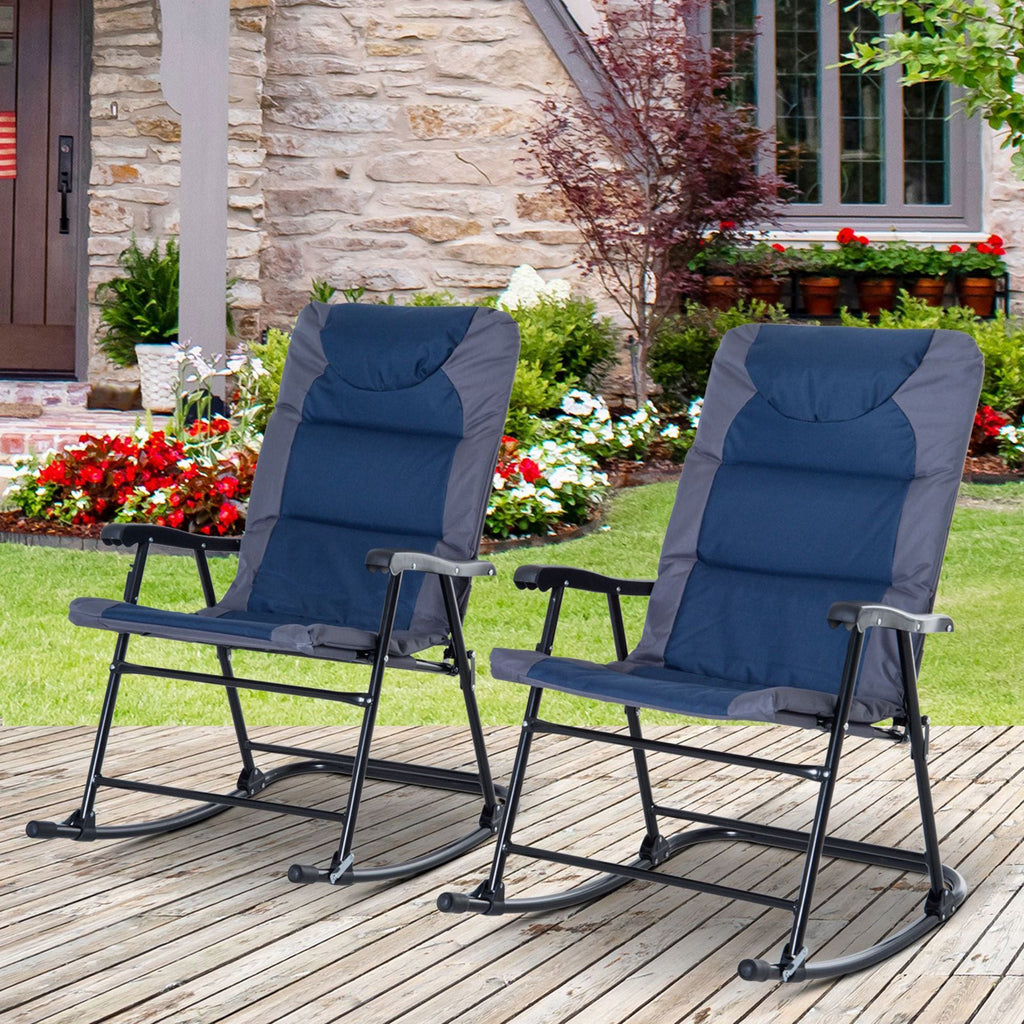 Outsunny 2 Piece Outdoor Patio Rocking Chair Set, Armrests, Padded Seat & Backrest, Navy Blue & Gray